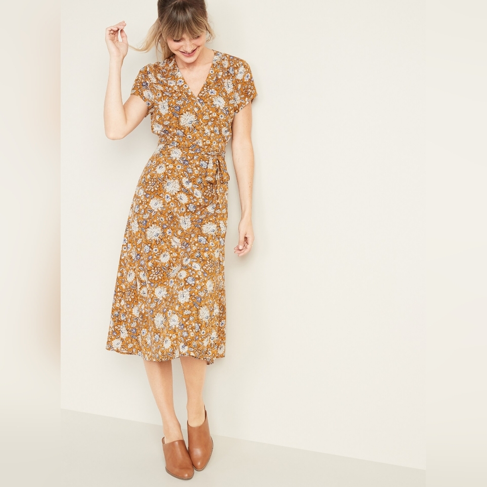 Old Navy Mustard Floral Wrap Midi Dress